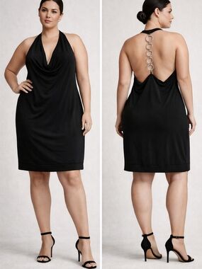 Black Halter Cowl Neck Open Back Chain Dress Plus Size 1X Minimalist Night Out
